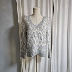 LOFT Fuzzy V-Neck Sweater In Metallic Grey And Cream